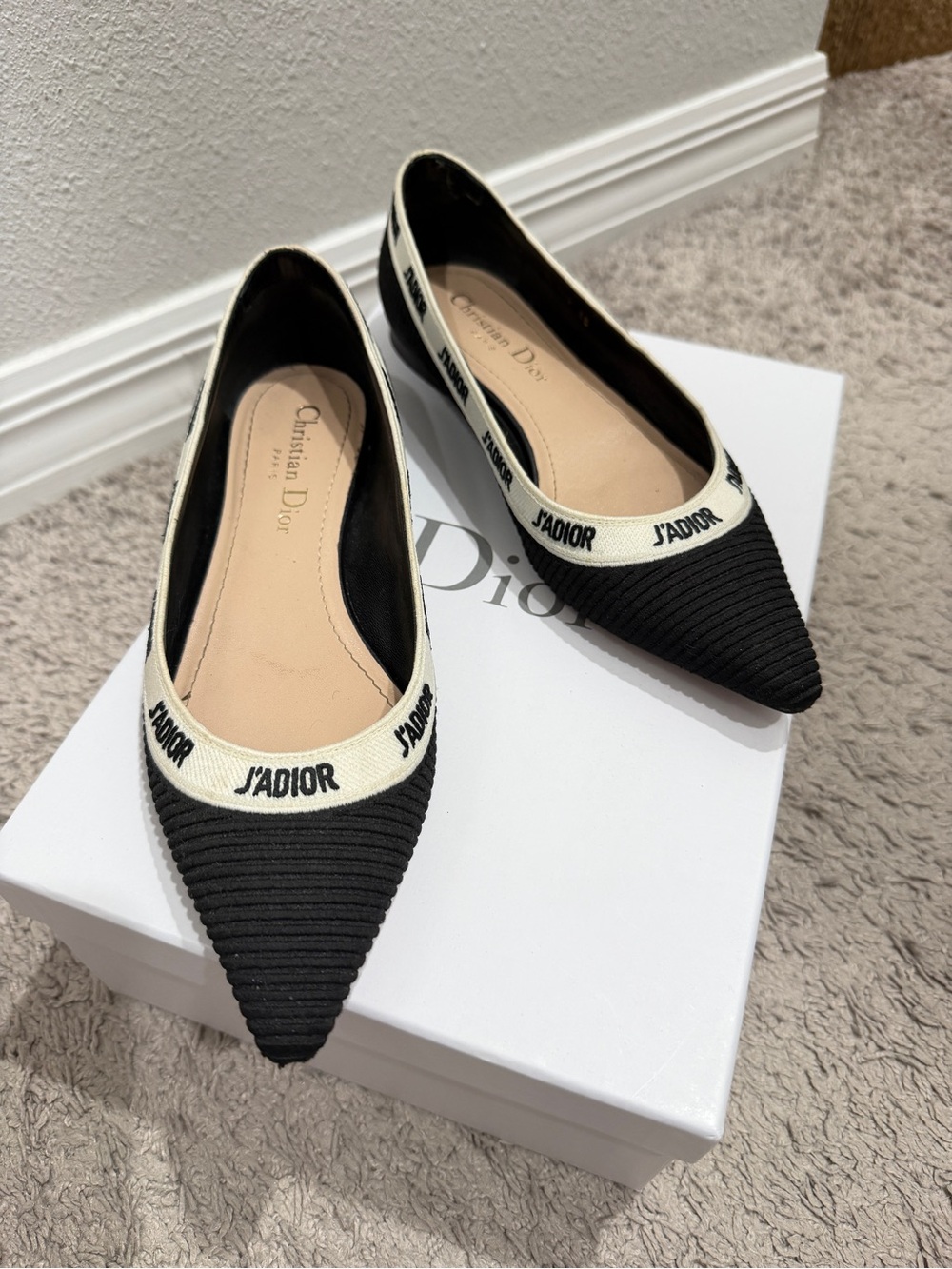 Dior Black and Cream J'Adior Pointed-Toe Flats